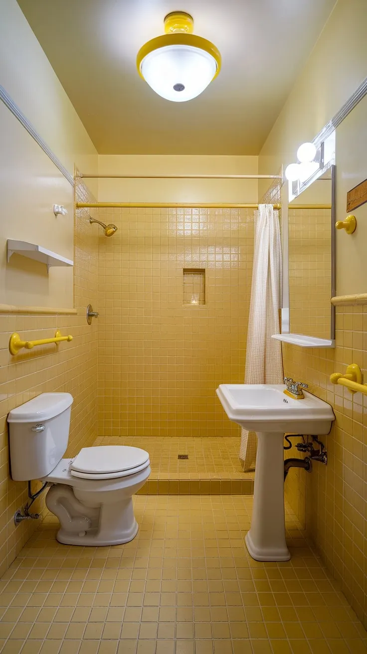 Step into a burst of sunshine with this stunning yellow tile bathroom. The yellow tiles and yellow tile bathroom design create a bright, clean space, perfect for bathroom decor and retro decor lovers.