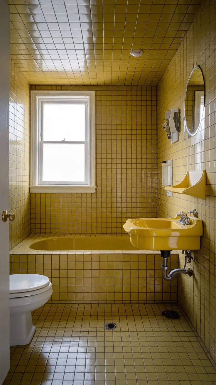 Step back in time with this cheerful yellow tile bathroom. The sunshine-yellow tiles cover every surface, from the walls and floor to the ceiling, creating a truly immersive and retro decor experience. The yellow bathtub, matching sink with its retro faucet, and even the yellow highlights on the fixtures complete the look. This tiled bathroom is the perfect example of apartment bathroom inspiration, showcasing how a monochromatic color scheme can be both bold and inviting. A white toilet and window offer a pleasing contrast.