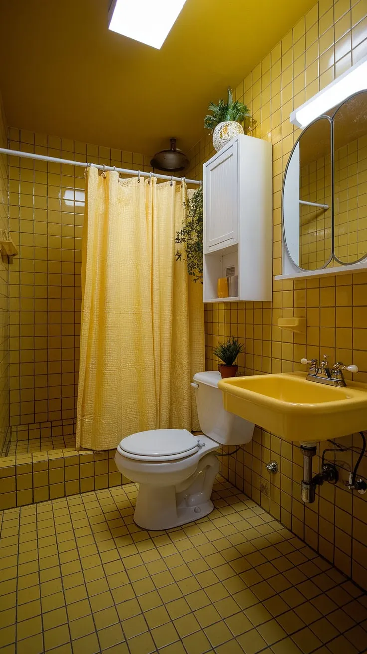 Bathed in sunshine, this yellow tile bathroom is a retro dream. The cheerful yellow tiles, from floor to walls, create a vibrant space, complemented by a white toilet and a yellow sink bowl. The yellow highlights on the shower curtain and cabinet add to the playful retro decor, making it the perfect apartment bathroom inspiration. This tiled bathroom showcases how yellow bathrooms can be both stylish and functional.
