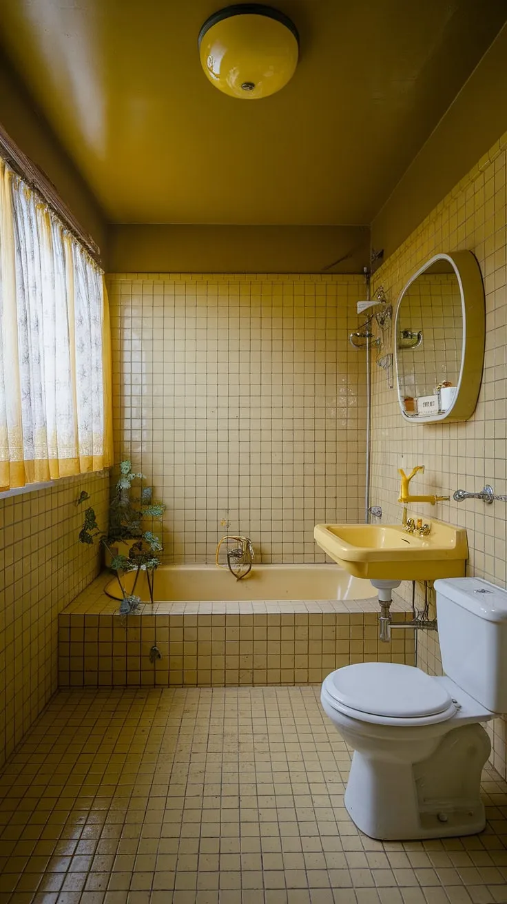 Step back in time with this cheerful yellow tile bathroom. The sunshine-yellow tiles, retro decor, and vintage bathtub create a truly unique and inspiring apartment bathroom. Yellow highlights accentuate the space, making it a perfect example of how to incorporate yellow bathrooms into a modern home.