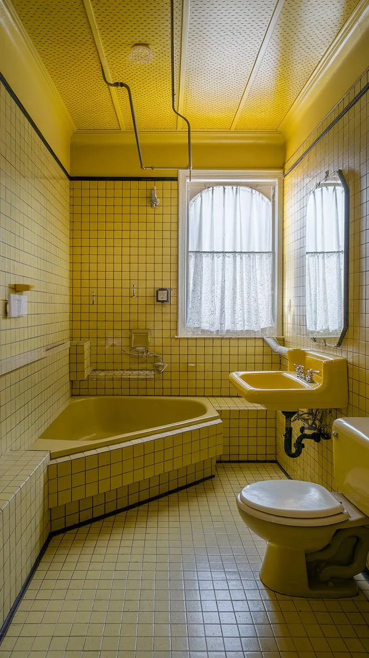 Bathed in sunshine: This yellow bathroom, with its cheerful yellow tiles and retro decor, is pure yellow tile bathroom bliss. A tiled bathroom dream come true.