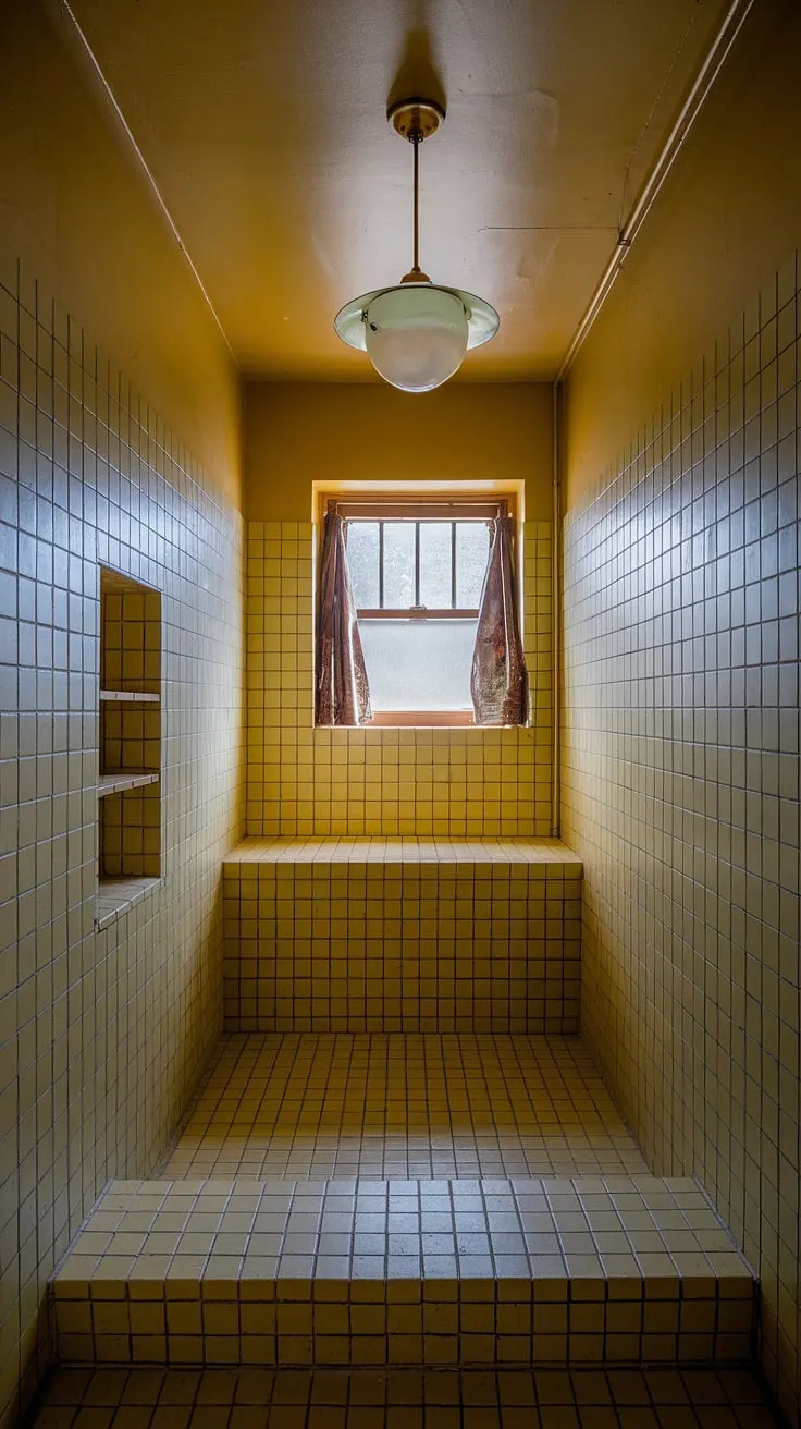 Step back in time in this dreamy yellow bathroom. The yellow tile, vintage light fixture, and charming window make this yellow tile bathroom the perfect blend of retro decor and modern comfort. Find your yellow bathrooms inspiration here.