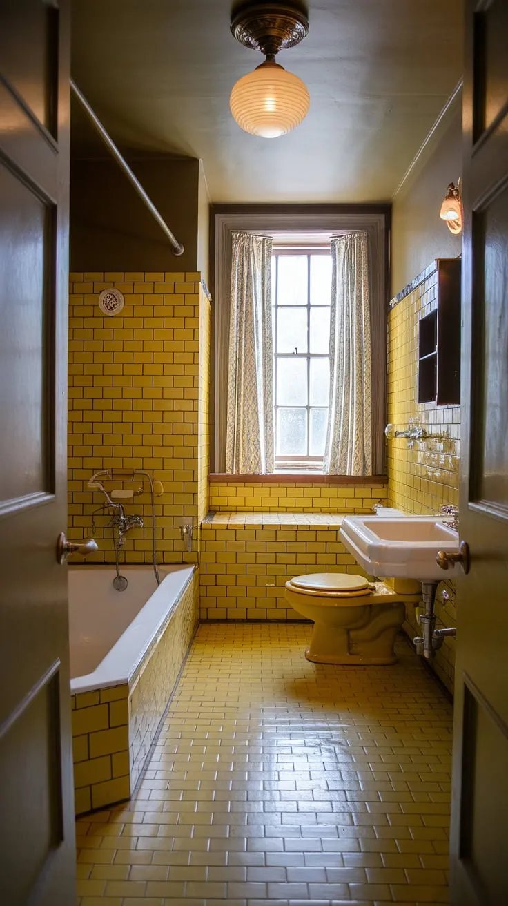This yellow bathroom is a dream come true for lovers of retro decor. The abundance of yellow tiles creates a warm and inviting space, while the white fixtures add a touch of classic elegance. The yellow highlights on the tub beautifully complement the yellow tile, showcasing a cohesive and stylish yellow bathrooms design. This tiled bathroom offers plenty of apartment bathroom inspiration, proving that a little yellow tile can go a long way in creating a unique and memorable space.