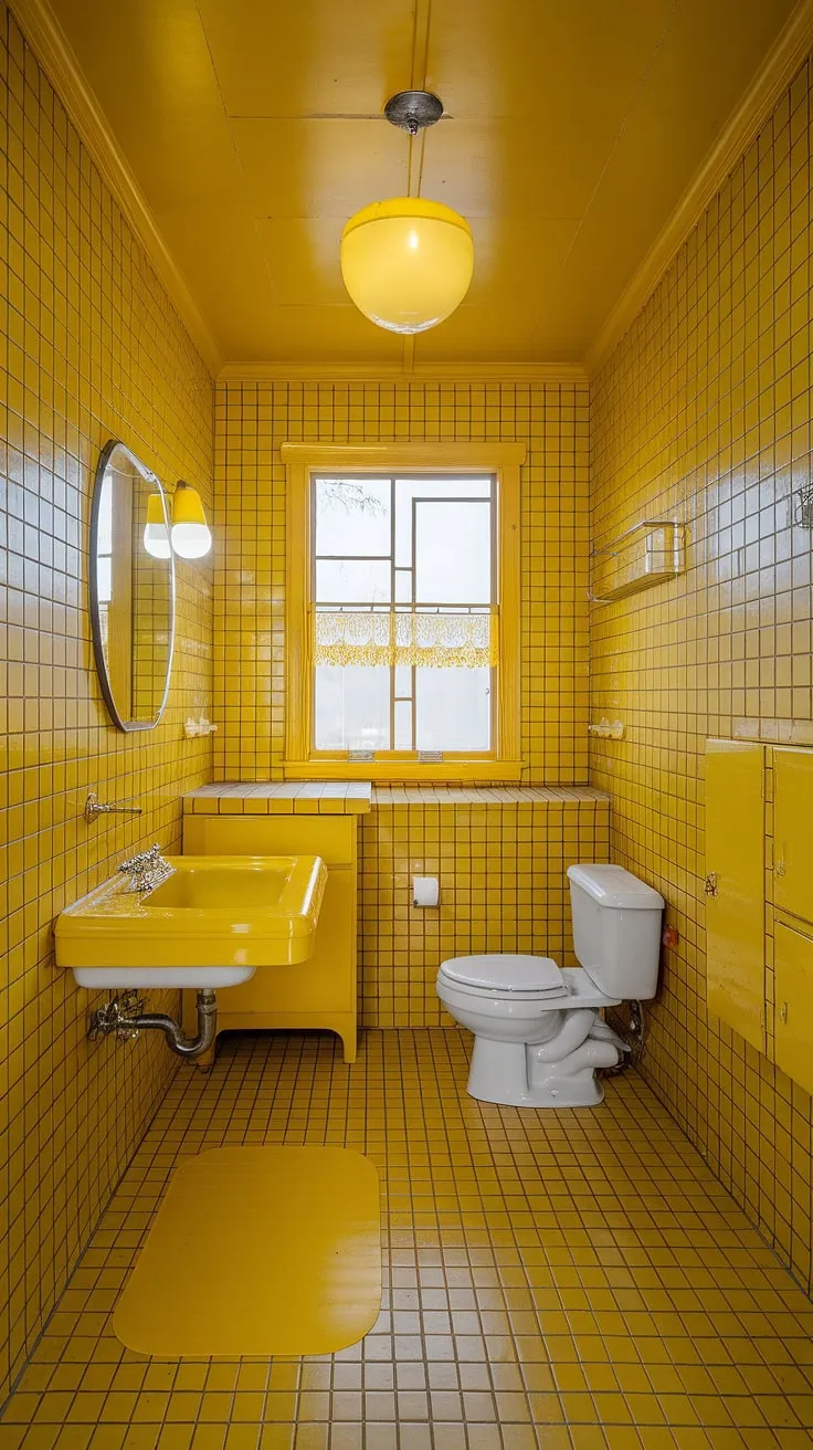 Sunshine-soaked and stylish: This yellow bathroom, boasting yellow tiles and retro decor, is pure yellow tile bathroom bliss. A perfect example of yellow bathrooms done right.