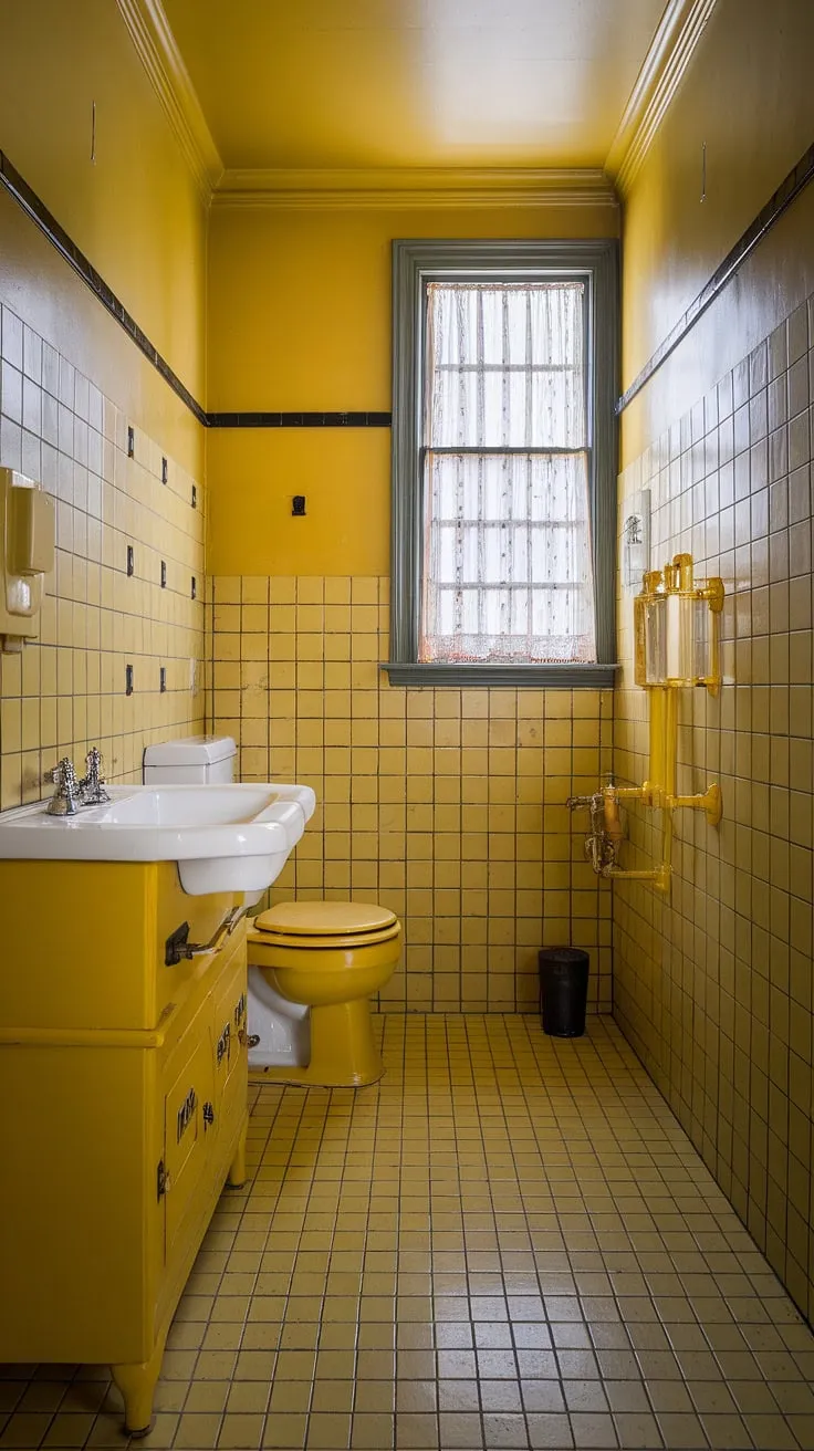 This tiled bathroom is a burst of sunshine! The vibrant yellow tiles create a stunning yellow tile bathroom, a true testament to retro decor. The yellow highlights throughout the space, from the walls to the charming yellow cabinet, perfectly complement the white sink and yellow toilet. This yellow bathroom offers a delightful yellow bathrooms design, providing ample apartment bathroom inspiration for those seeking a vintage feel.