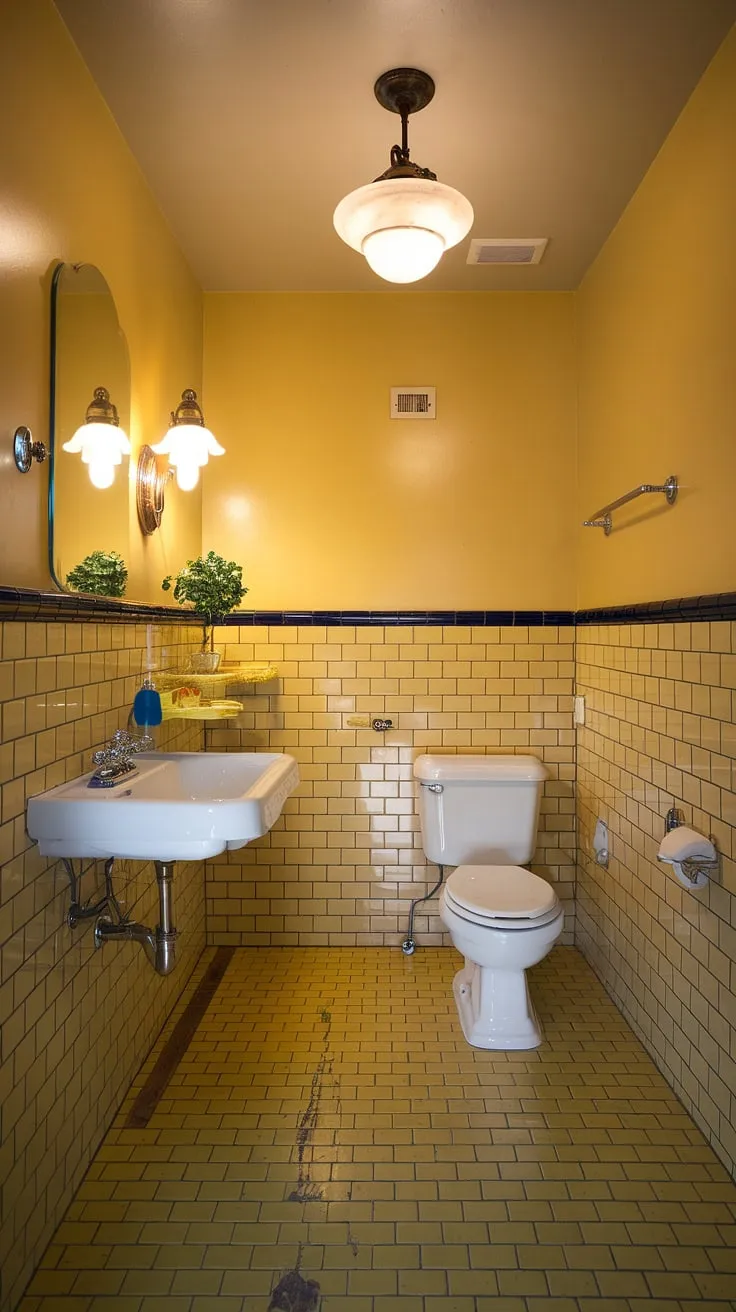 Step into sunshine: This yellow bathroom, with its charming yellow tile and vintage fixtures, offers the perfect blend of retro decor and modern bathroom decor. A tiled bathroom dream in yellow tile.