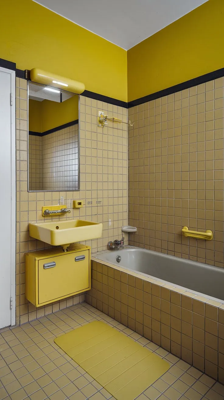 Step back in time with this sunshine-filled yellow tile bathroom. The vibrant yellow tiles, from floor to ceiling, create a retro haven, complemented by the vintage bathtub and yellow-toned sink and cabinet. The yellow highlights throughout the space, including the light fixture and bath mat, add to the cheerful, retro decor. This tiled bathroom is the perfect apartment bathroom inspiration for anyone seeking a unique and joyful space.