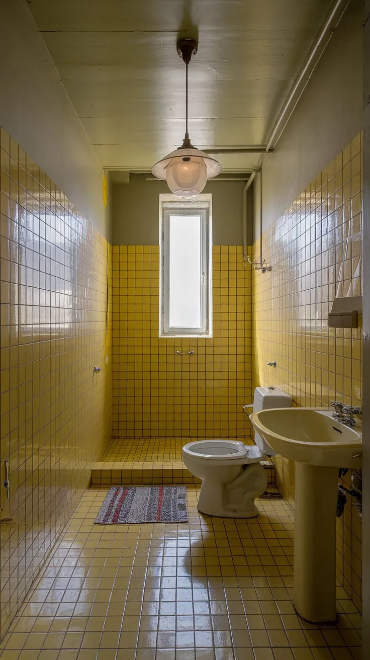 Step back in time with this cheerful yellow tile bathroom. The sunshine-yellow tiles, both on the walls and floor, create a vibrant and retro atmosphere, perfect for apartment bathroom inspiration. Vintage fixtures and a small patterned rug complete the look, showcasing the charm of yellow bathrooms and offering a delightful example of retro decor. The yellow highlights add depth to the tiled bathroom, creating a space that's both stylish and functional.