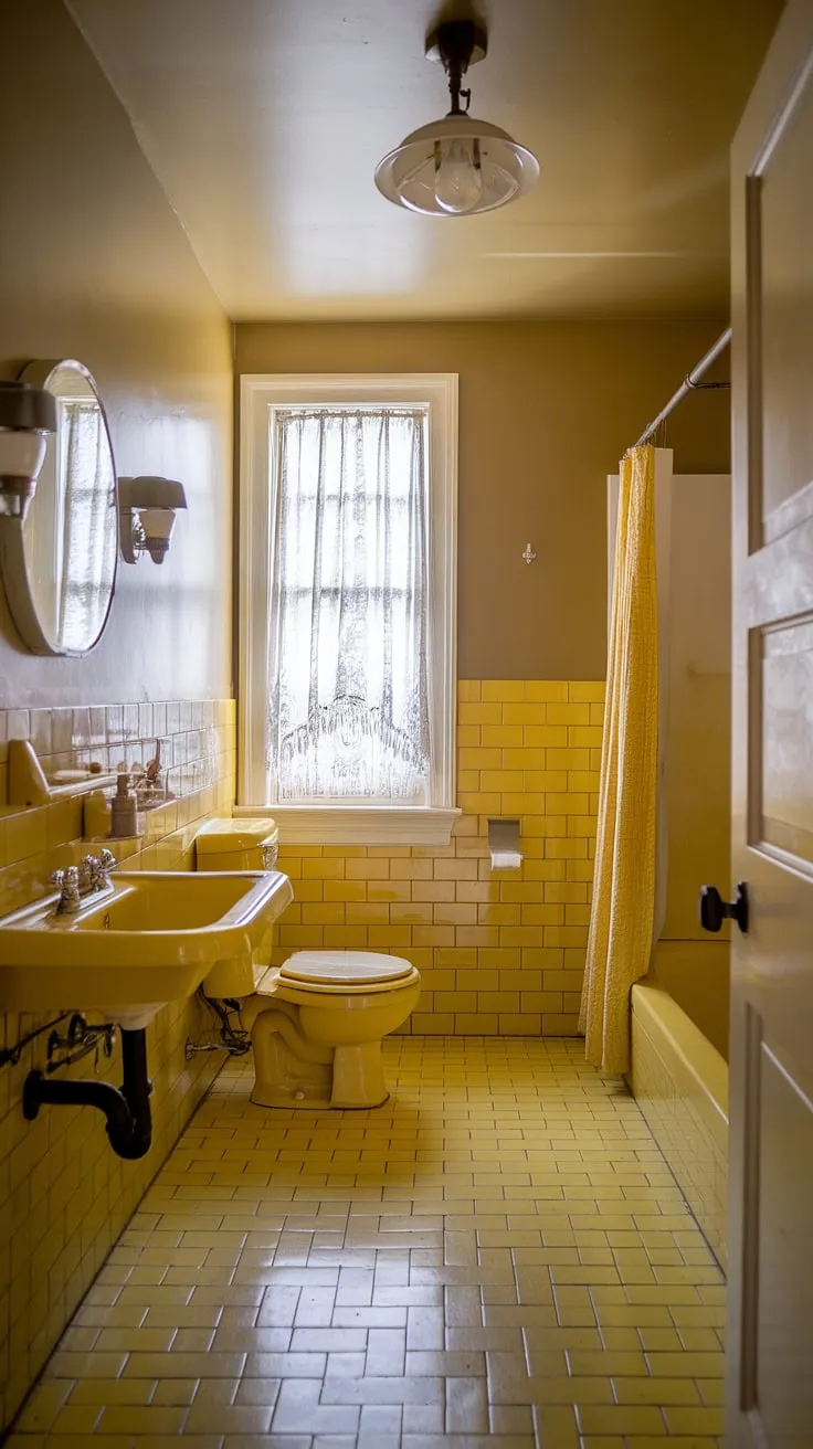 Step back in time with this cheerful yellow tile bathroom. The sunny yellow tiles, matching sink and toilet, and retro light fixture create a vibrant and nostalgic atmosphere. Beige walls and a yellow curtain add warmth, while the window with white curtains offers a touch of airy elegance. This yellow bathroom is the perfect example of retro decor and offers fantastic apartment bathroom inspiration. The yellow highlights throughout the space create a truly unique and joyful tiled bathroom.