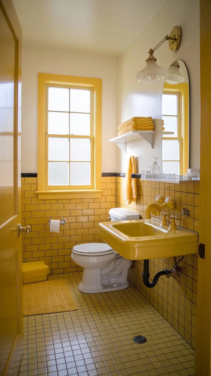This yellow bathroom is a delightful example of retro decor done right. The abundance of yellow tiles, from the floor to the walls, creates a truly immersive and sunny atmosphere. The yellow highlights, such as the faucet and door, perfectly complement the white fixtures and add a touch of playful whimsy. This yellow tile bathroom offers plenty of apartment bathroom inspiration, proving that a simple color palette can be incredibly stylish and effective.