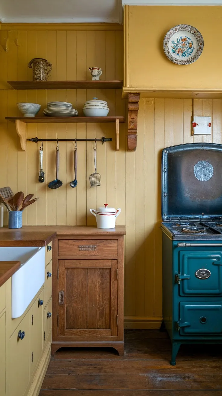 This yellow kitchen, a testament to British craftsmanship, is a delightful example of English country style.  The painted walls and tiny footprint only enhance the cozy charm of this handcrafted space, where every detail, from the vintage stove to the scattered utensils, tells a story.