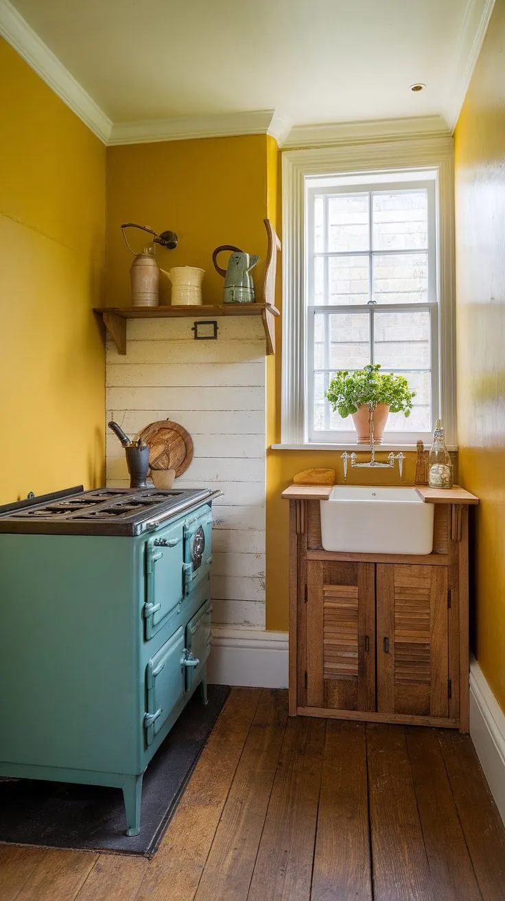 A splash of sunshine in a tiny kitchen! This yellow kitchen, with its painted walls and craftsman-style details, embodies the quintessential English country style.  The vintage stove and small wooden cabinets add to the charm of this delightful British kitchen.
