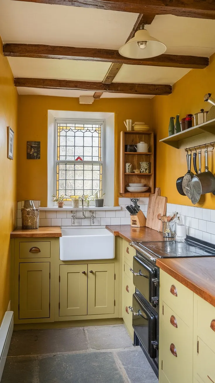 Sunshine spills into this tiny kitchen, its yellow walls and wooden beams creating a charming English country style.  A true craftsman kitchen, brimming with character despite its compact size.  The yellow painted walls perfectly complement the British kitchen's rustic charm.
