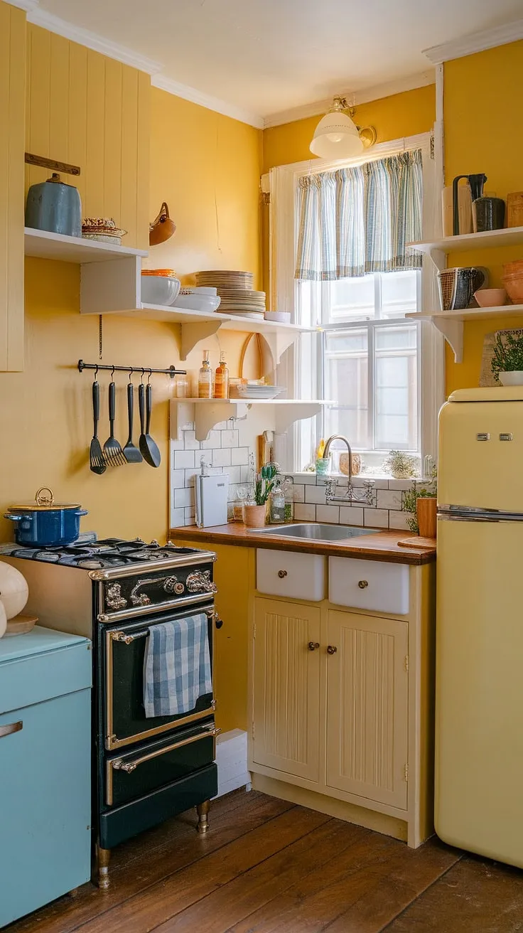 Sunshine spills into this charming tiny kitchen, its yellow walls and craftsman details whispering tales of English country style.  A perfectly formed British kitchen, brimming with character despite its compact size.
