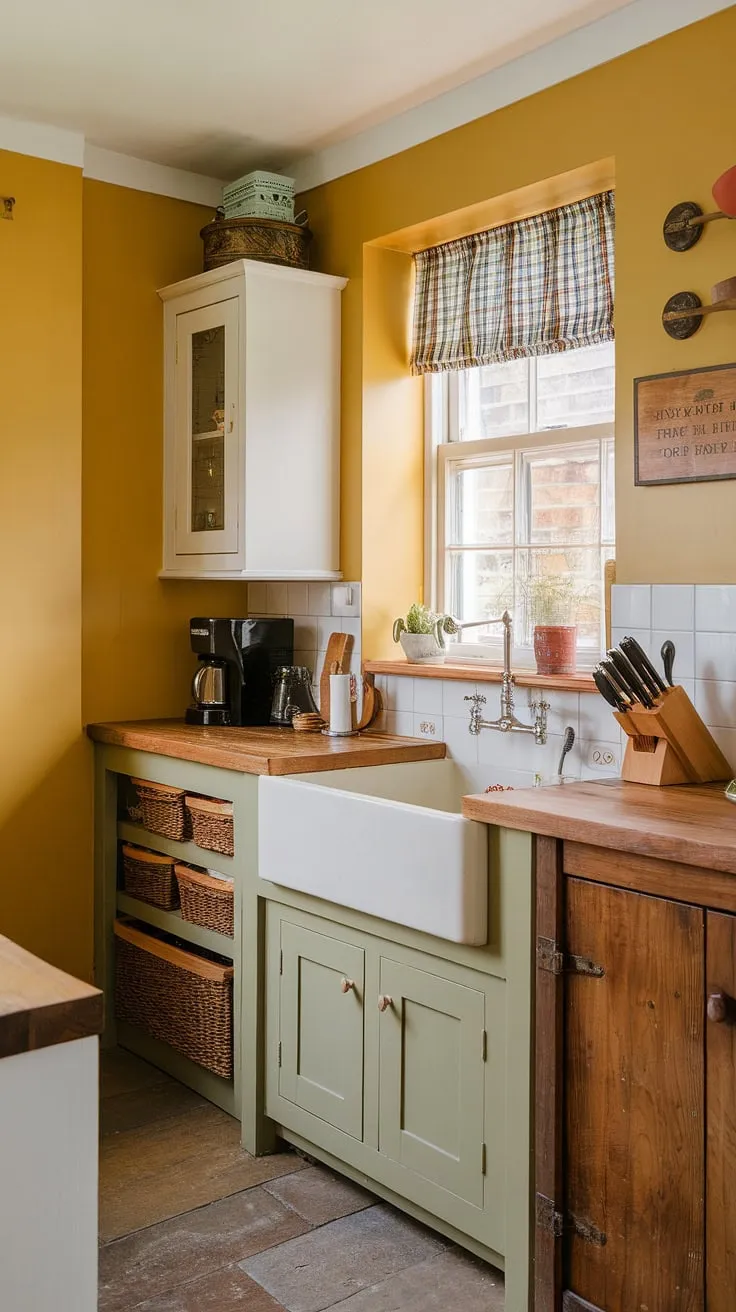 Step into this charming, tiny kitchen, where sunshine-yellow walls and a craftsman-style design create the perfect English country escape.  The painted walls and cheerful ambiance make this British kitchen feel surprisingly spacious.