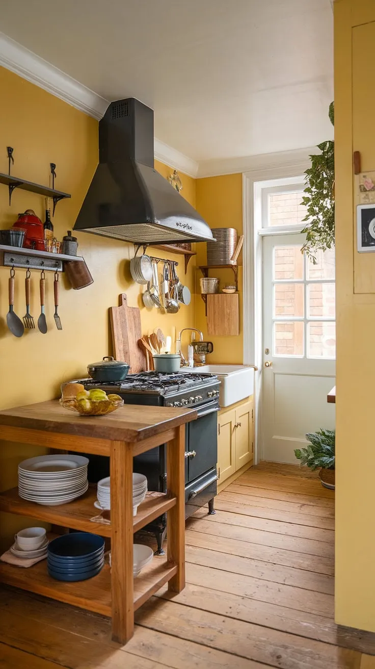 Sunshine spills into this charming tiny kitchen, its yellow walls and English country style creating a warm and inviting atmosphere.  The craftsman details, from the wooden island to the range hood, add a touch of rustic elegance to this delightful British kitchen.