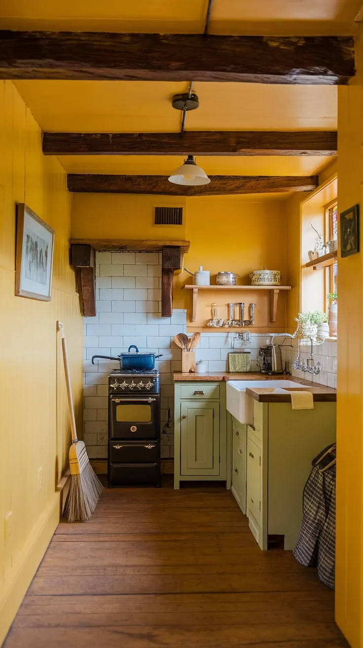 This delightful British kitchen, painted in cheerful yellow, is a testament to the beauty of small spaces.  The craftsman details, from the wooden beams to the simple cabinetry, perfectly capture the essence of English country style.