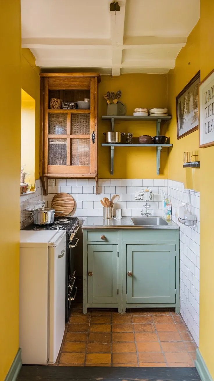 Sunshine spills into this charming tiny kitchen, its yellow walls and craftsman details creating a quintessential English country style.  The painted walls perfectly complement the British kitchen's cozy charm.