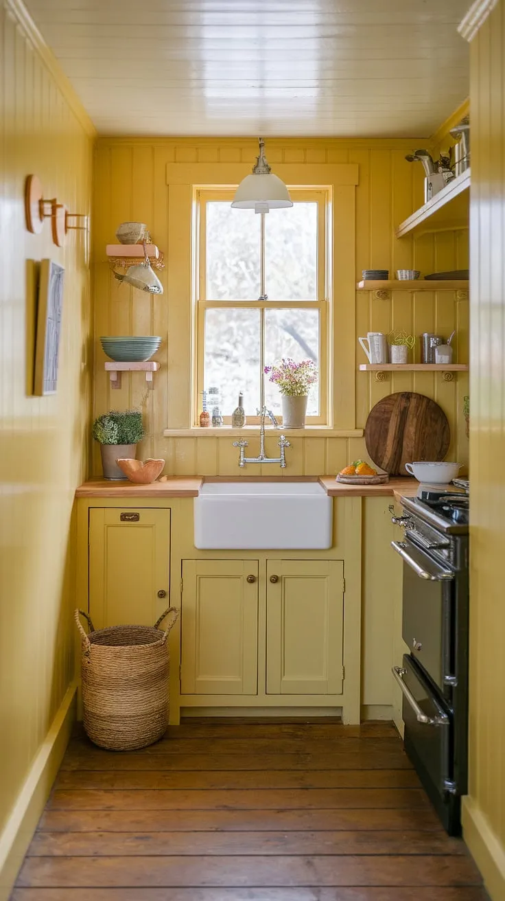 This yellow kitchen is a dream!  A testament to the beauty of a tiny kitchen, its yellow walls and craftsman design create a truly enchanting English country style space.  Every detail, from the woven basket to the flower-filled windowsill, speaks of cozy British charm.