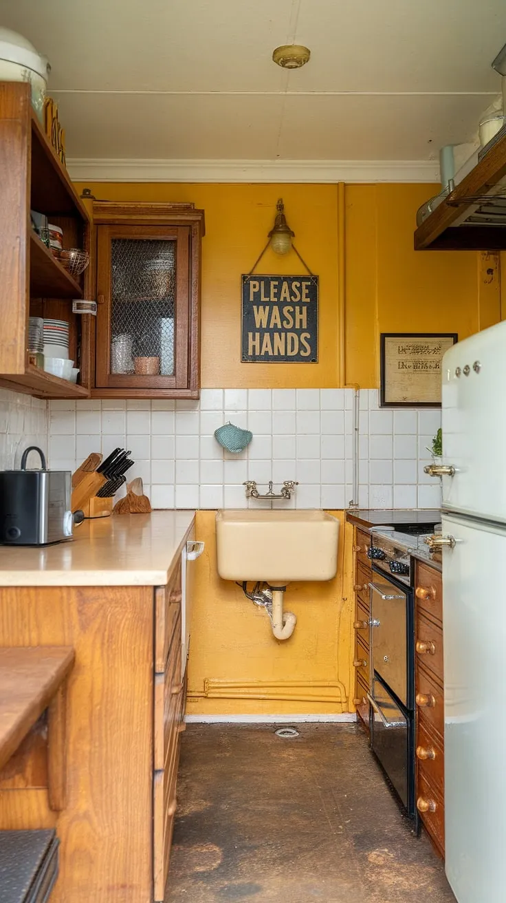 Sunshine spills into this charming tiny kitchen, its yellow walls and craftsman-style wooden cabinets creating a warm and inviting English country style.  The vintage "Please Wash Hands" sign adds a touch of whimsy to this perfectly functional British kitchen.