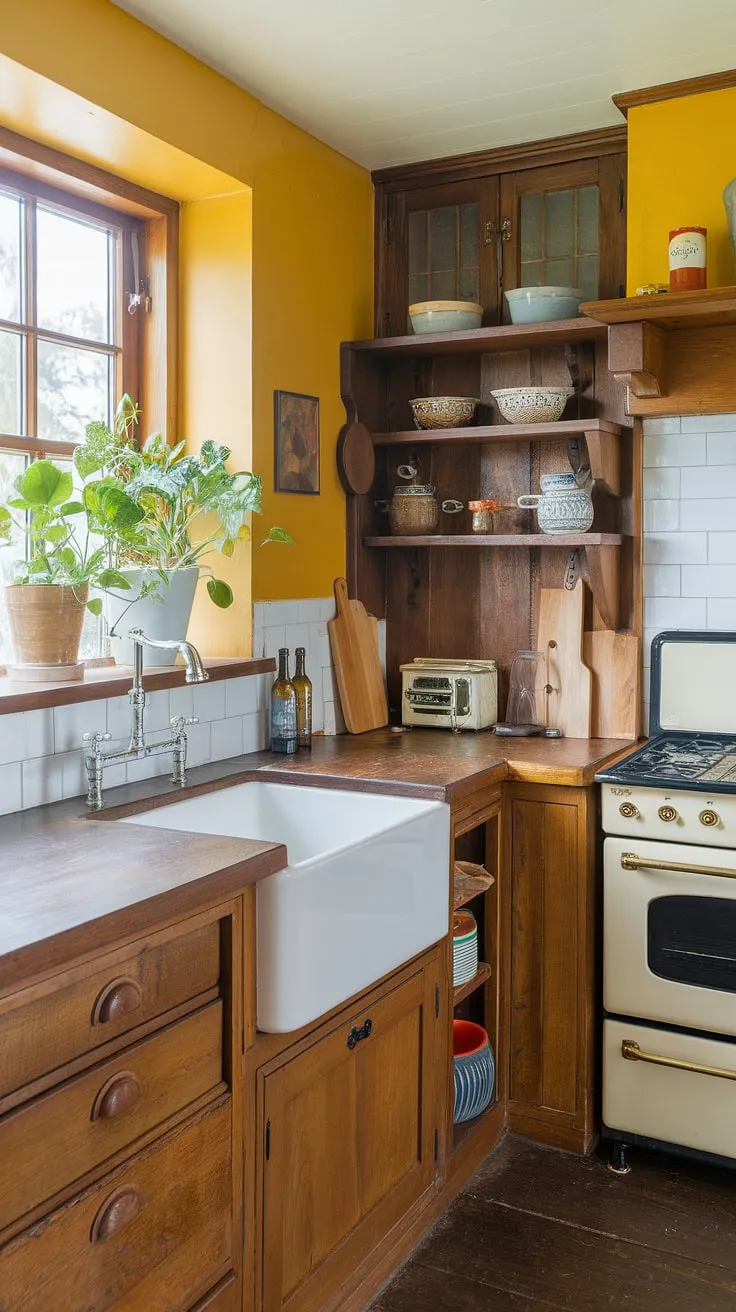 Sunshine spills into this charming tiny kitchen, its yellow walls and craftsman details creating the perfect English country style escape.  The painted walls and wooden accents bring warmth to this bijou British kitchen.