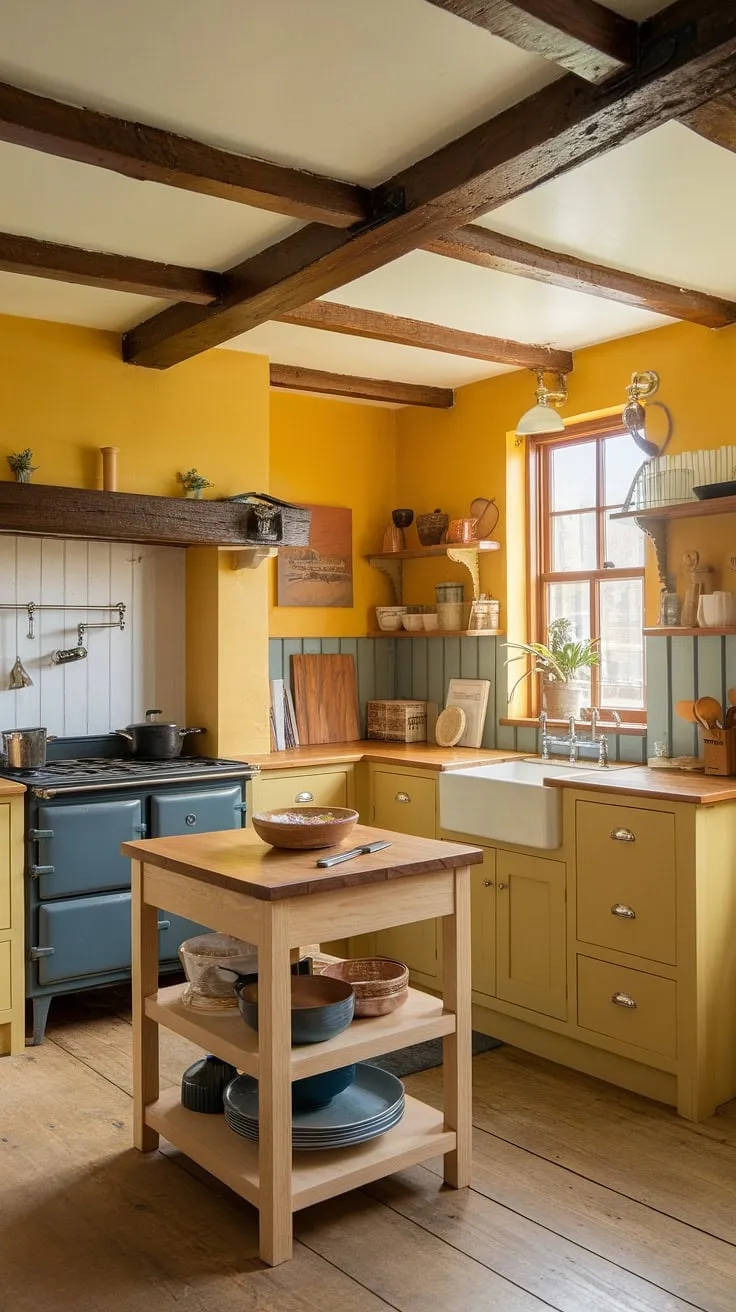 This cheerful yellow kitchen, painted in a warm, inviting hue, is a testament to the beauty of a tiny space.  The craftsman kitchen design, complete with exposed beams and a rustic wooden island, perfectly embodies the charm of English country style. A British kitchen dream, brimming with character.