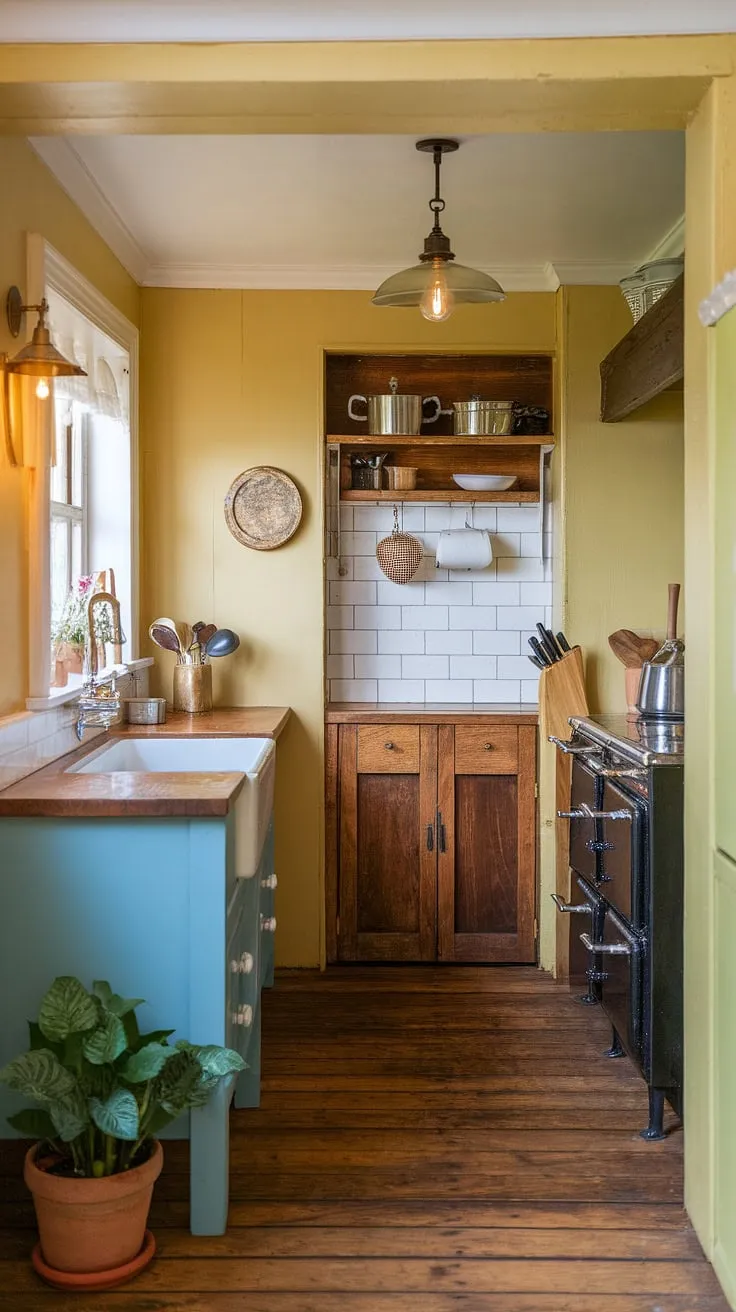 This yellow kitchen, a testament to English country style, boasts a craftsman kitchen design in a surprisingly spacious tiny kitchen.  The painted walls and vintage details, nestled within a warm, inviting space, make this British kitchen a dream come true.