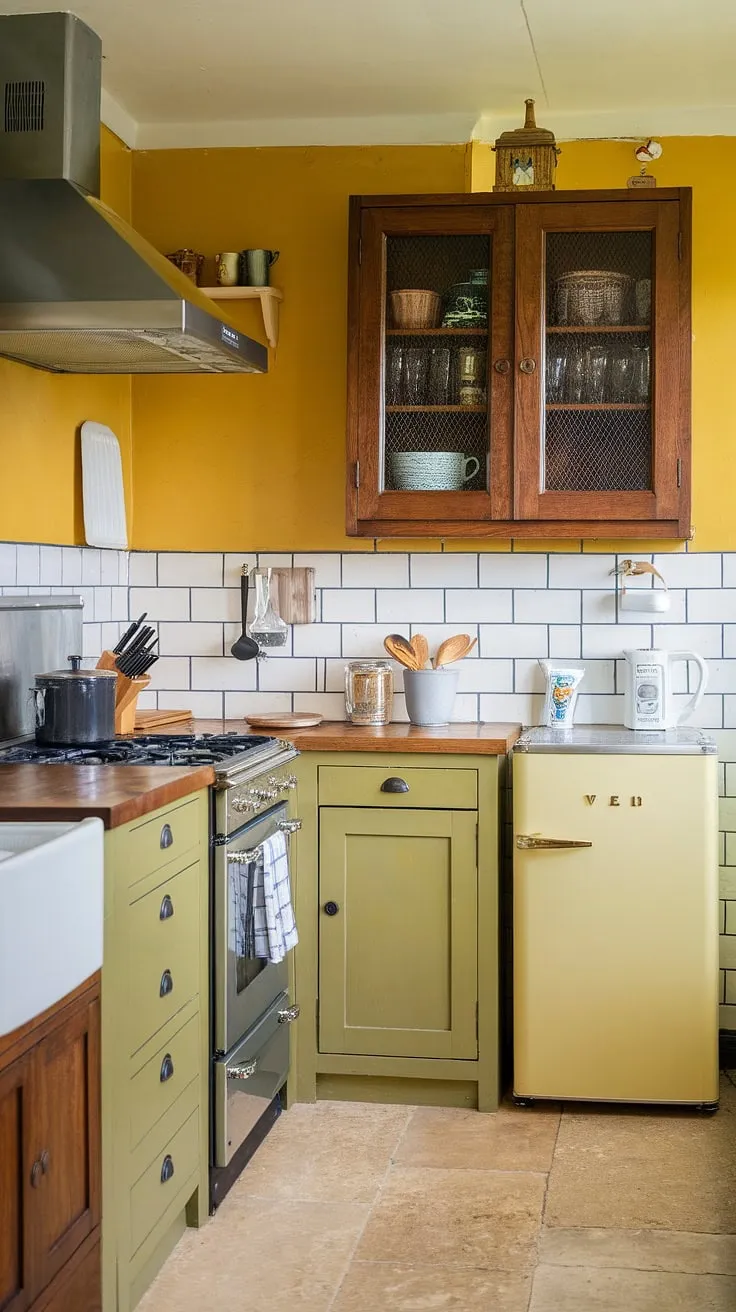Sunshine spills into this charming tiny kitchen, a delightful blend of British and English country style.  The yellow walls, painted in a cheerful hue, perfectly complement the craftsman-style cabinetry and create a warm, inviting space.