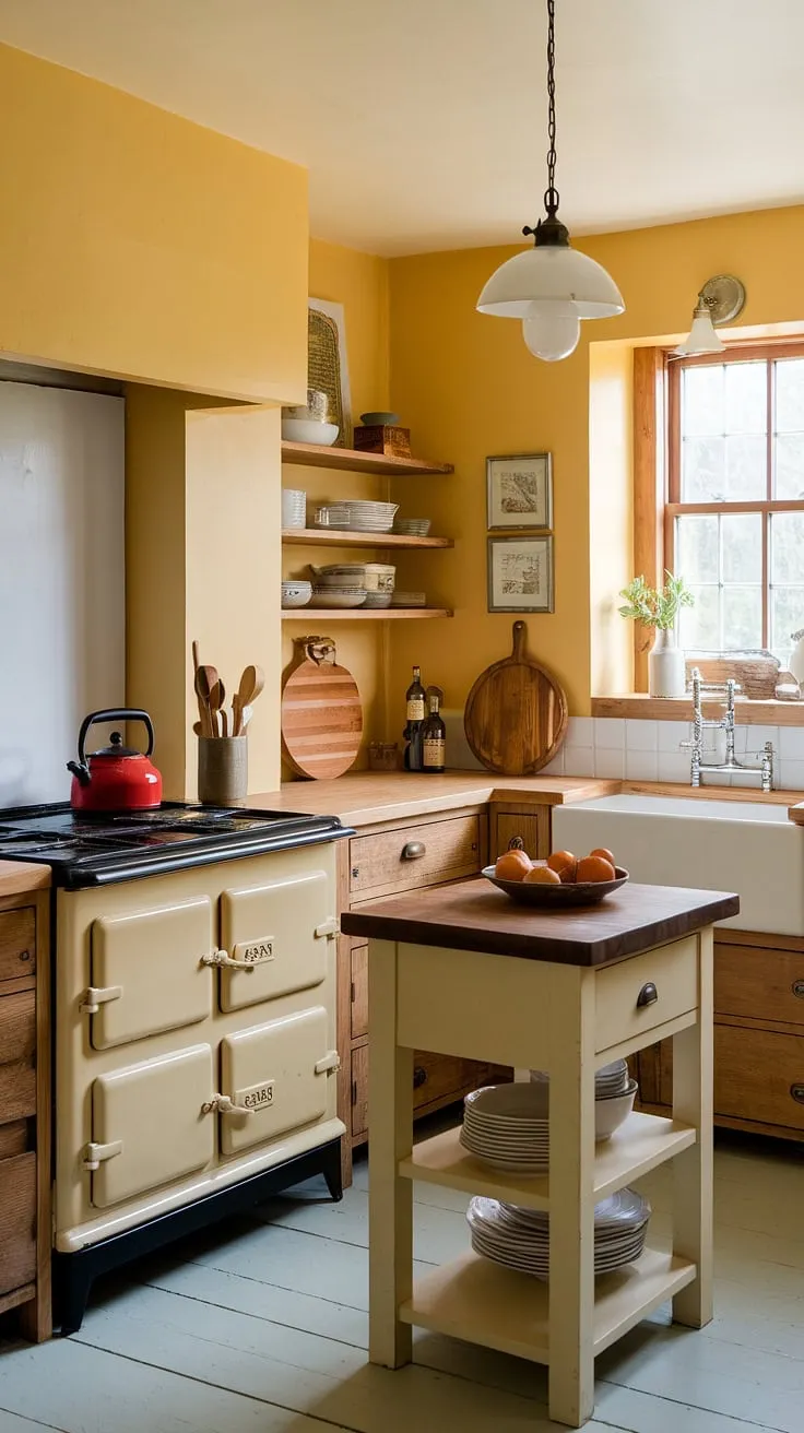 This yellow kitchen, painted in cheerful hues, is a testament to the beauty of a tiny kitchen done right.  The British kitchen's craftsman design, complete with wooden cabinets and a quaint island, creates an irresistible English country style charm.  A red kettle and wooden cutting board add the perfect finishing touches.