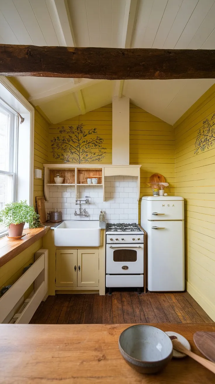 Sunshine spills into this charming tiny kitchen, its yellow walls adorned with a delicate painted pattern, a testament to English country style.  The craftsman details, from the wooden beam to the simple wooden counter, create a cozy and inviting British kitchen.