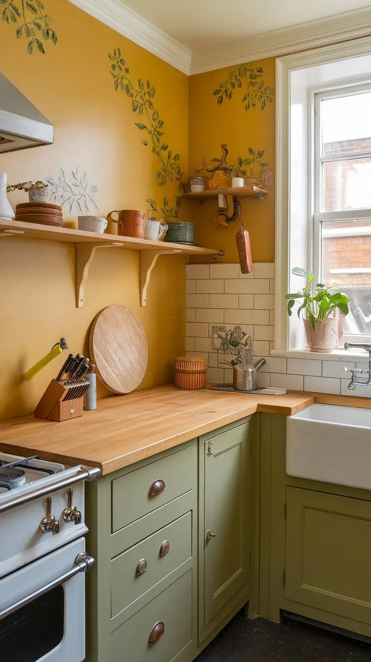 Sunshine spills into this charming tiny kitchen, where yellow walls adorned with painted patterns create a cheerful English country style.  The craftsman details, wooden countertops, and vintage sink perfectly complement the British kitchen's cozy charm.