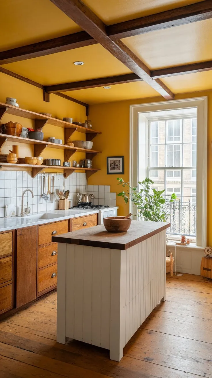 Sunshine spills into this charming tiny kitchen, its yellow walls and craftsman-style wood beams creating a warm and inviting English country style haven.  The painted walls perfectly complement the white island and wooden accents, a testament to the beauty of a well-designed British kitchen.