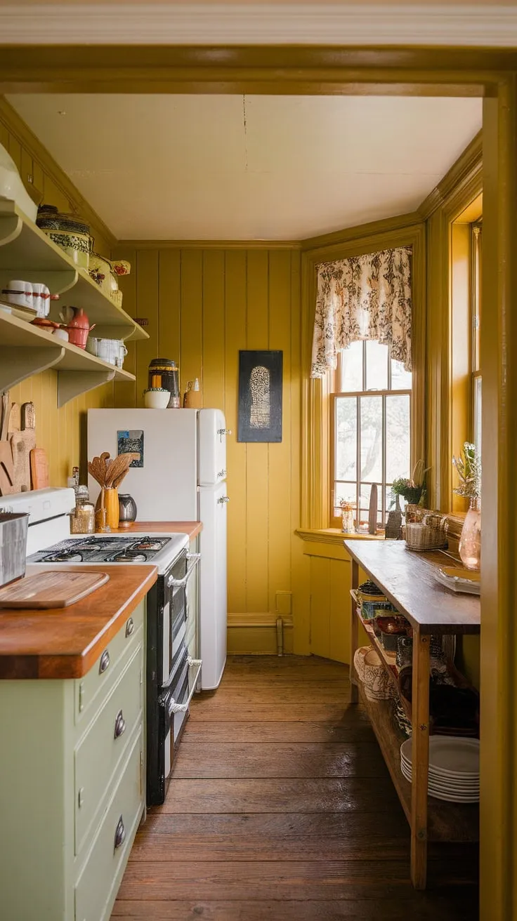 Sunshine spills into this charming tiny kitchen, its yellow walls and craftsman details whispering tales of English country life.  A perfect blend of British kitchen practicality and cozy charm.