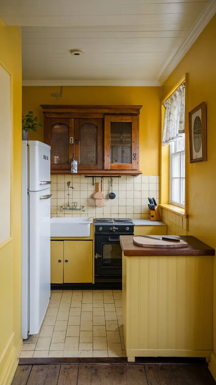A burst of sunshine in a tiny kitchen! This yellow kitchen, with its cheerful yellow walls and handcrafted details, embodies the best of British kitchen design.  The English country style shines through in this compact yet perfectly functional craftsman kitchen.