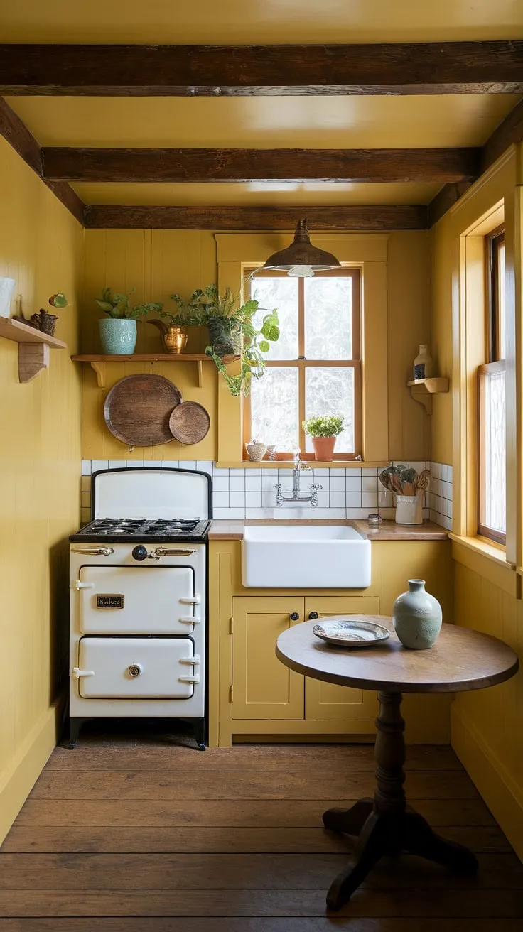 Sunshine spills into this tiny kitchen, its yellow walls and wooden beams whispering tales of English country charm.  A craftsman's touch is evident in every detail, from the vintage stove to the potted herbs perched above the white sink. This British kitchen, though small, is brimming with warmth and character.