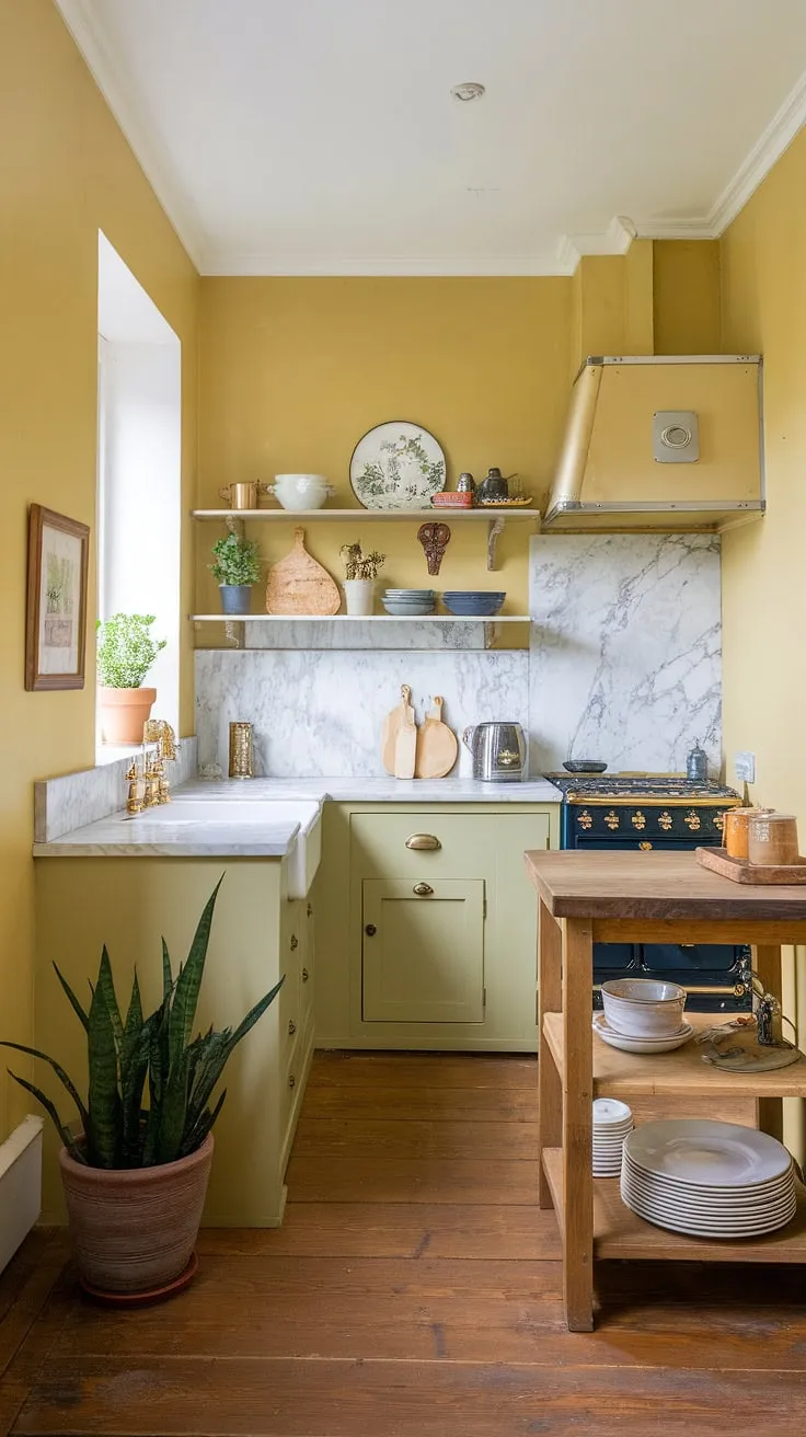 A charming yellow kitchen, painted in a cheerful hue, showcases the best of British design. This tiny kitchen boasts a delightful mix of craftsman details and English country style, with a marble countertop, wooden island, and a splash of greenery adding to its cozy appeal.