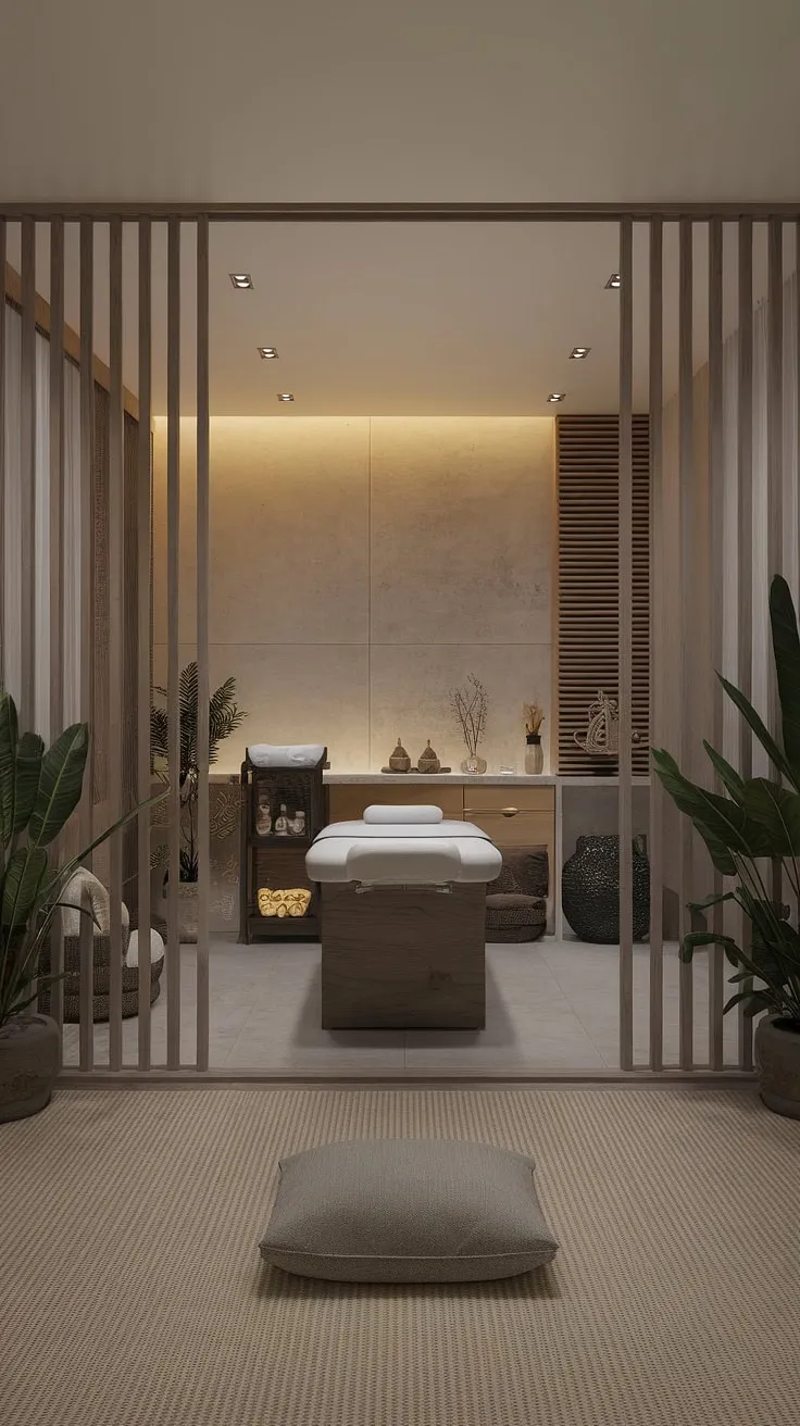 Escape the chaos and enter a world of serenity. This thoughtfully designed apartment features a calming living area and a luxurious, minimalist spa, complete with a massage table and all the essentials for a truly restorative experience. A place to reconnect with yourself and find inner peace. A sanctuary awaits.
