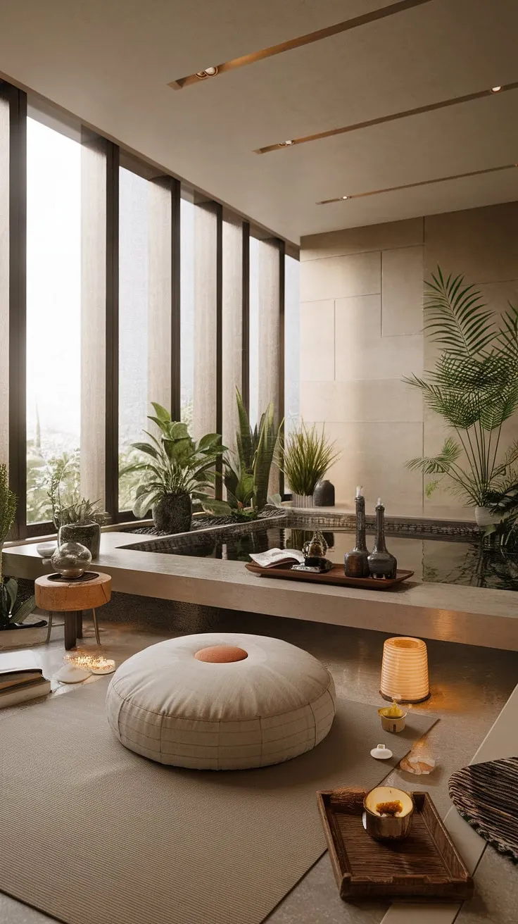 Find your center in this serene sanctuary. The minimalist design, soft lighting, and calming plants create the perfect atmosphere for mindful living and a self-care.