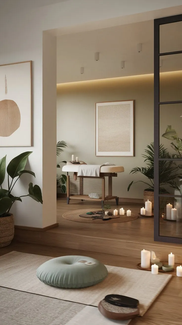 Find your sanctuary. This zen apartment, with its calming spa-like atmosphere, minimalist art, and dedicated meditation area, offers a tranquil escape from the everyday. The soft beige and green tones, coupled with the warm wood floors, create a space of ultimate serenity and a well-being.