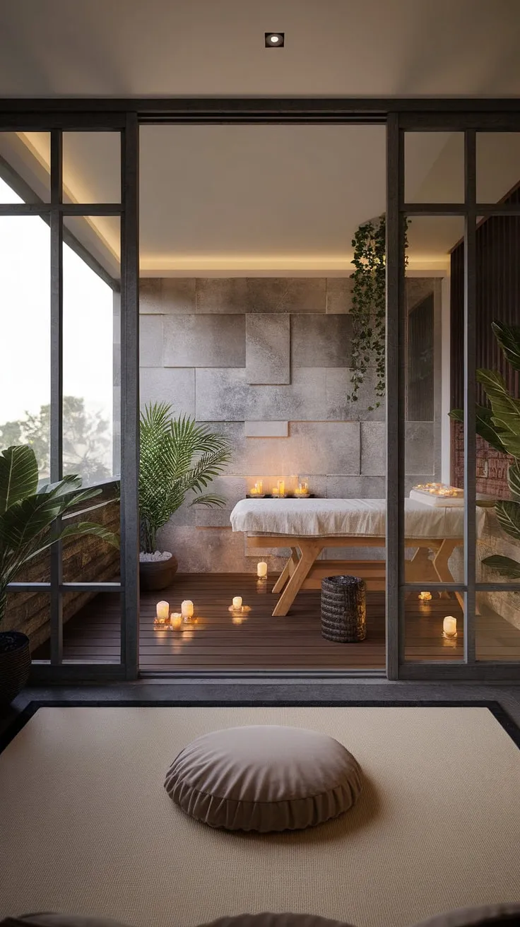 Escape the chaos and embrace serenity. This stunning apartment features a thoughtfully designed meditation space and a private spa retreat, complete with a massage table, flickering candles, and the soothing presence of natural light streaming through a large window. A harmonious blend of modern aesthetics and natural elements creates a haven for ultimate relaxation and self-care.