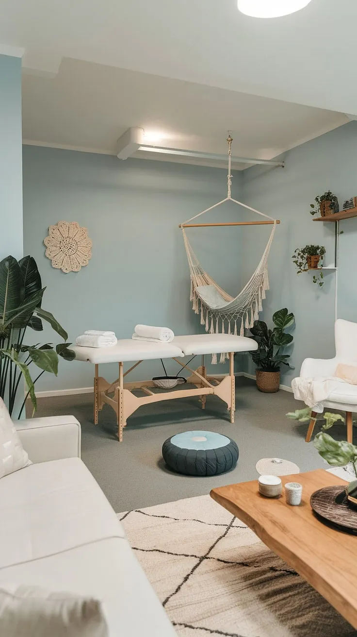 Find your inner peace in this exquisitely designed apartment. The seamless transition between a calming living space and a dedicated spa area, complete with a massage table and hammock, offers a holistic retreat within your own home. A true testament to mindful design and luxurious simplicity.