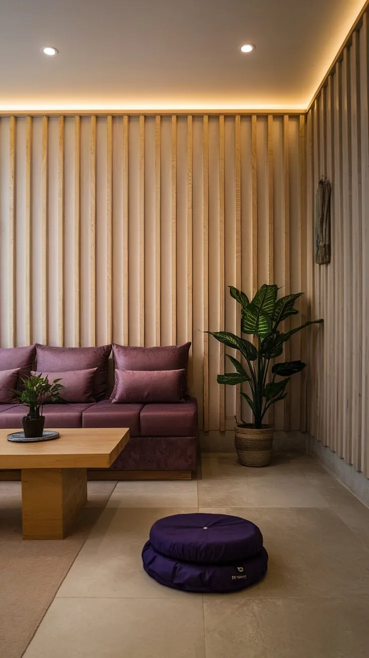 Escape the chaos and embrace tranquility. This modern apartment, with its warm wooden paneling and calming color palette, is a testament to mindful design. A comfortable purple couch invites you to relax, while the meditation cushion encourages inner peace. A true oasis of calm, perfect for restoring balance and finding your center.