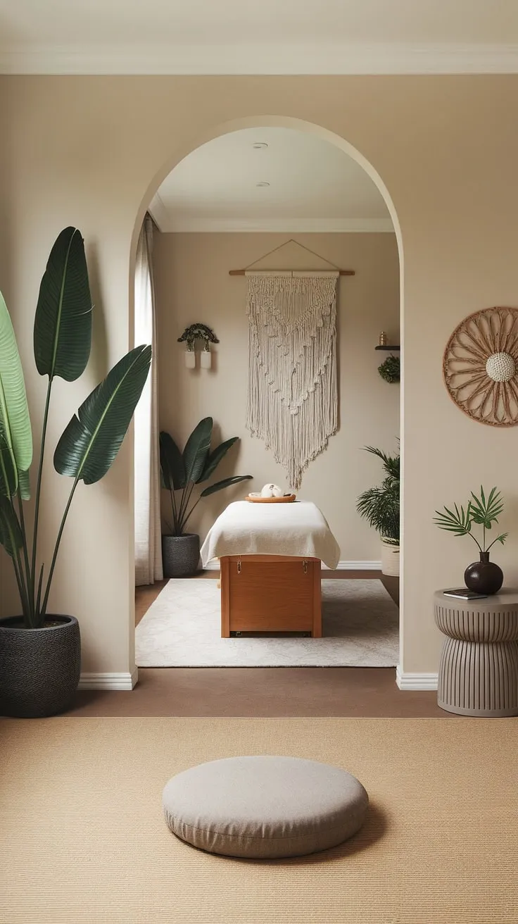 Find your sanctuary in this serene apartment, where minimalist design meets mindful living. The calming beige walls, lush greenery, and dedicated meditation space create a haven for relaxation and rejuvenation. A perfect blend of modern aesthetics and tranquil energy.