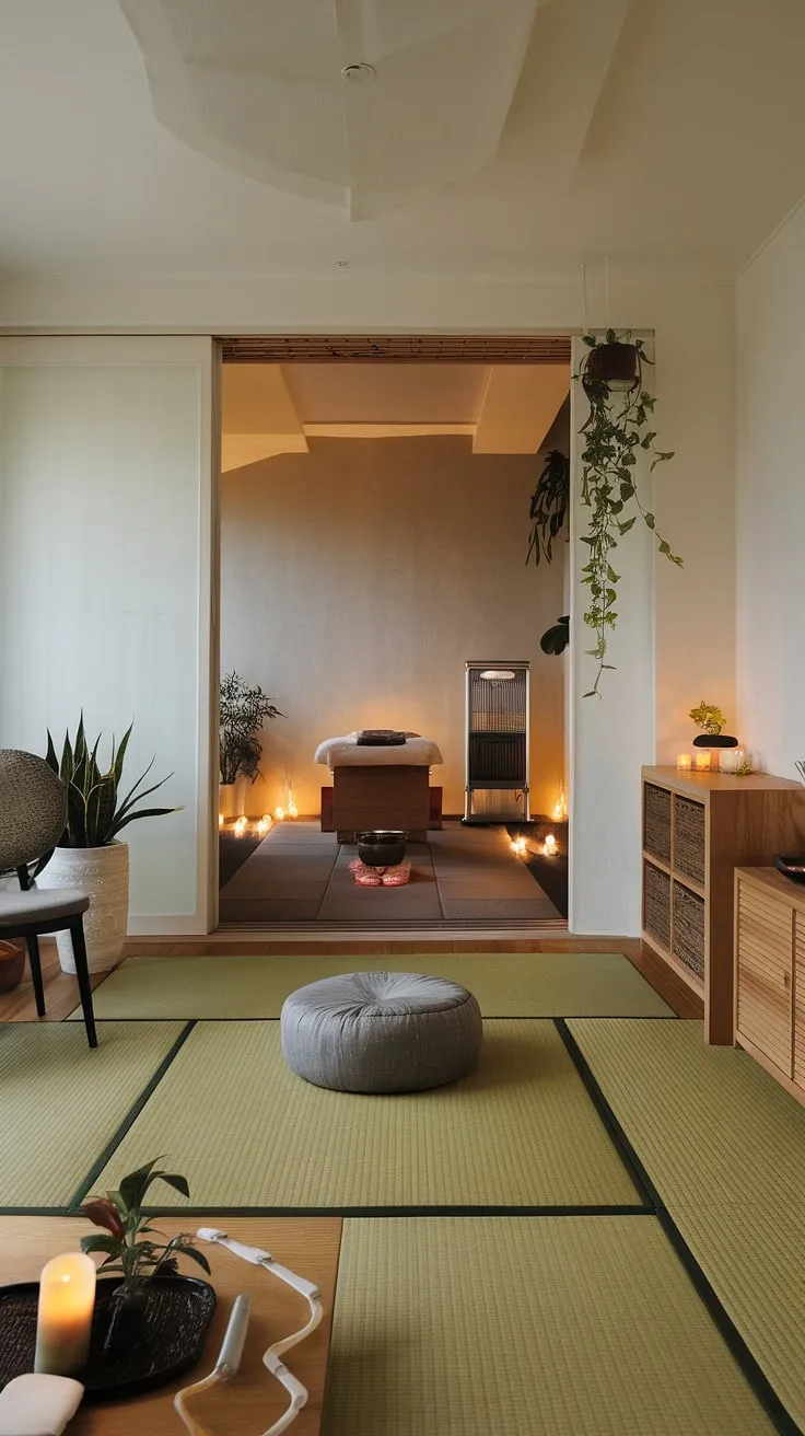 Find your sanctuary. This zen apartment seamlessly blends minimalist living with a rejuvenating spa experience, offering a tranquil escape where you can unwind and reconnect with a your inner peace. The meditation space, complete with a zafu cushion and tatami mat, invites moments of quiet contemplation, while the spa room promises blissful relaxation.
