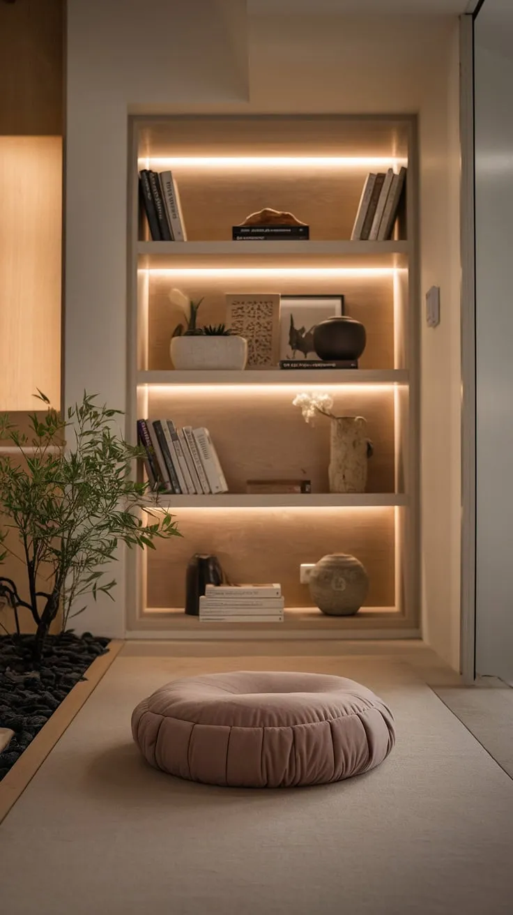 Unwind and reconnect in this zen-inspired apartment. A dedicated meditation space, complete with a comfortable cushion and calming greenery, invites moments of quiet contemplation. A space designed for mindful living and inner harmony.