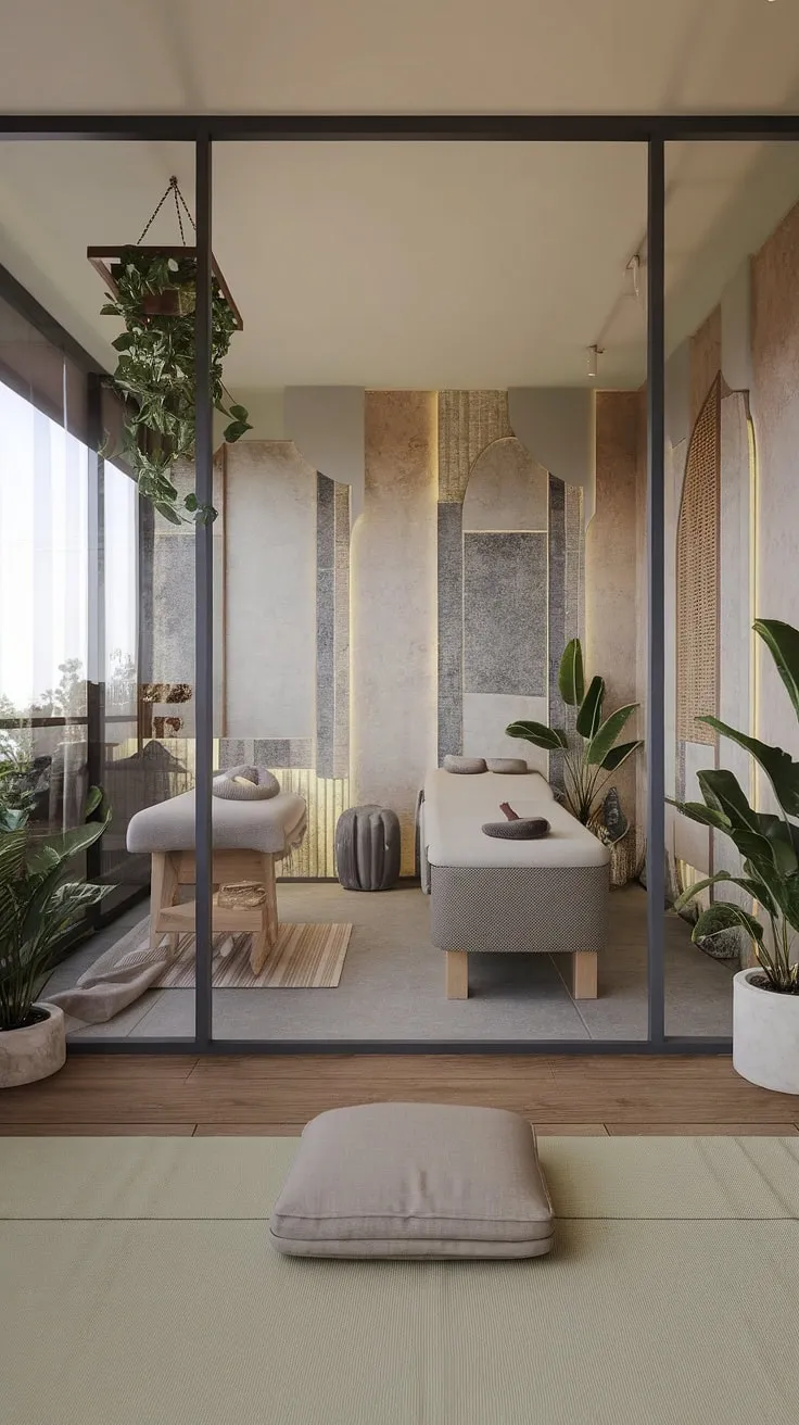 Find your sanctuary. This zen apartment seamlessly blends modern living with a tranquil spa experience, offering a calming escape where you can rejuvenate your mind and body. The glass wall separating the living area and spa creates a sense of openness and flow, enhancing the overall feeling of serenity. A perfect space for mindful living and self-care.