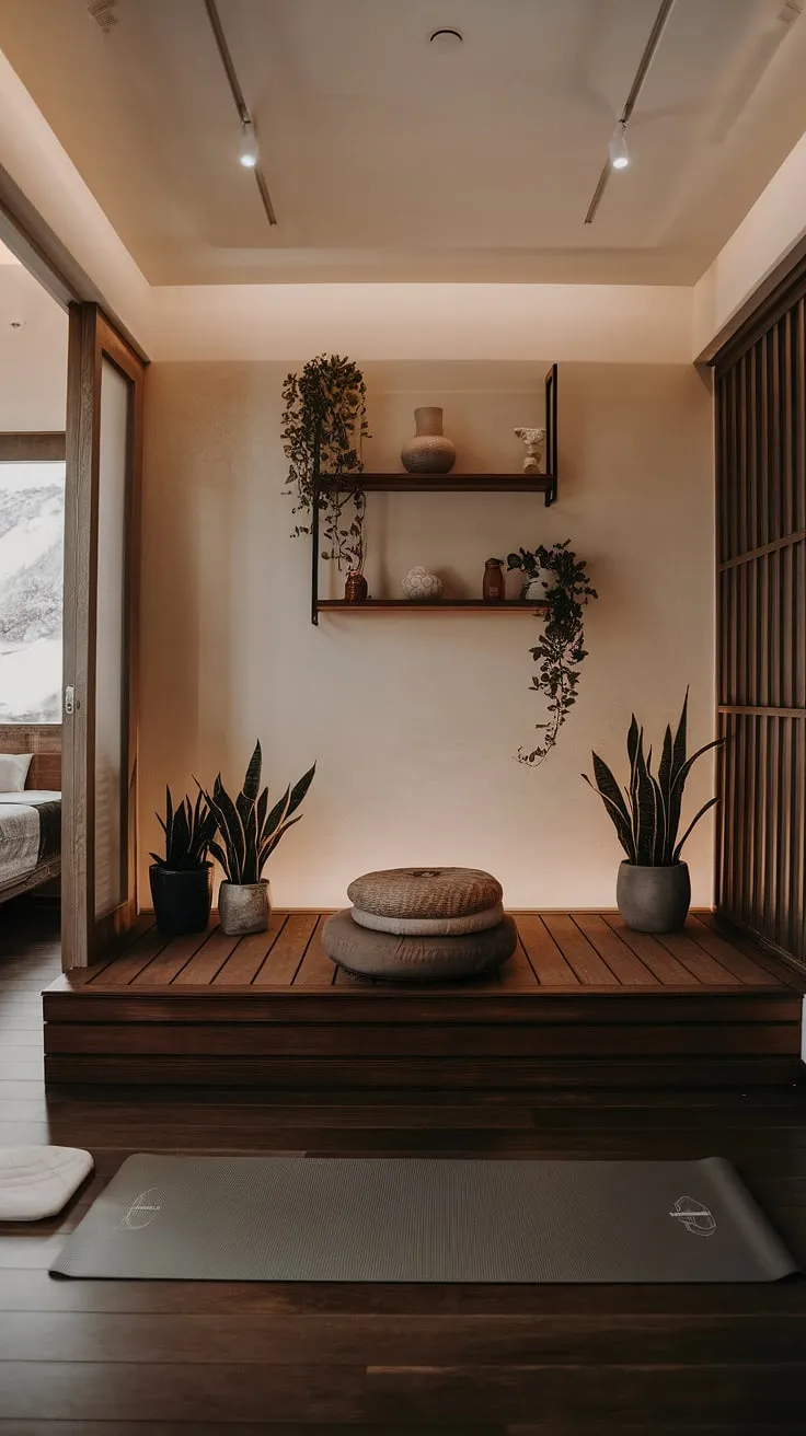 Find your center in this serene apartment, where minimalist design meets mindful living. The warm lighting and dedicated meditation space create a sanctuary for relaxation and self-care, a perfect blend of modern aesthetics and tranquil energy. A calming retreat awaits.