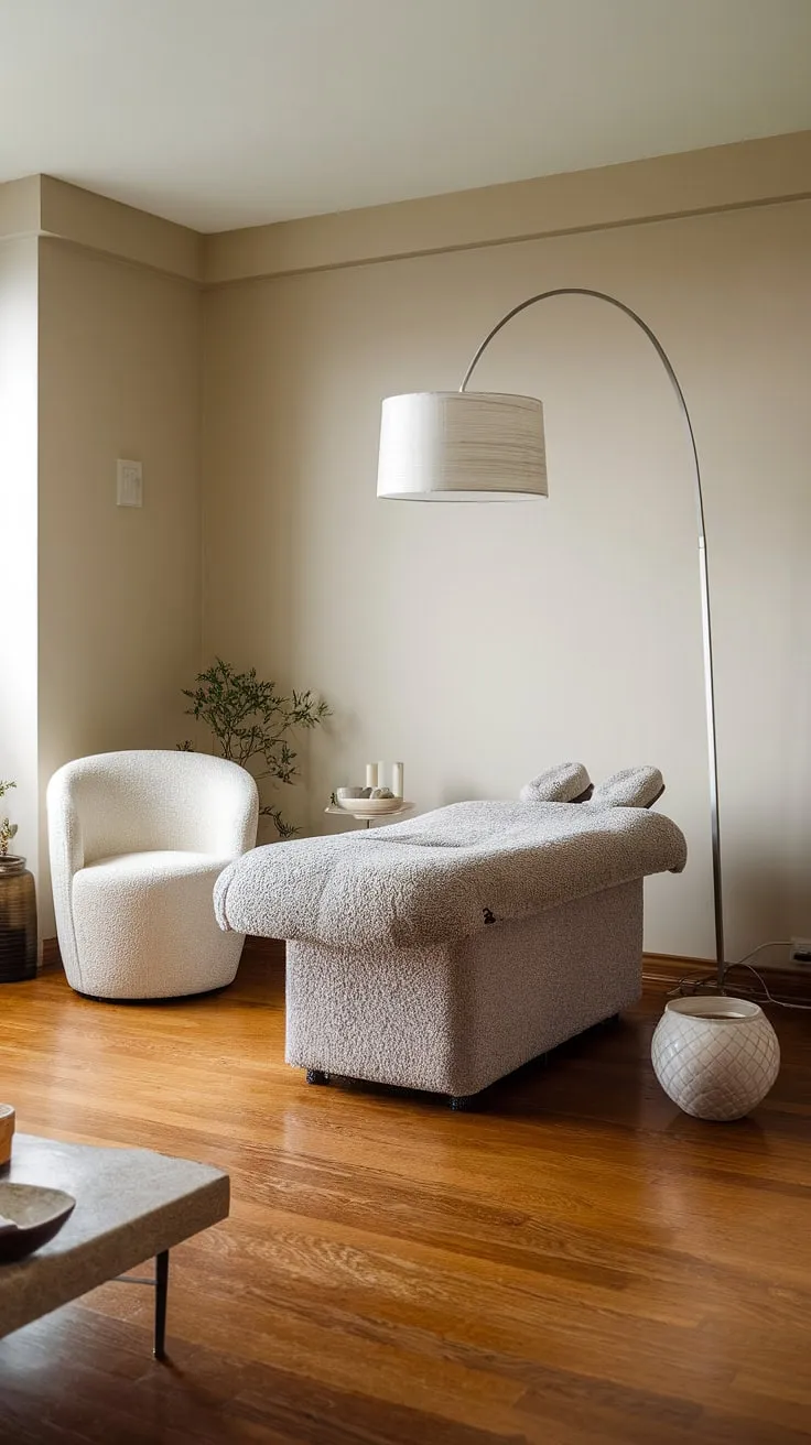 Escape the everyday in this serene sanctuary. A calming blend of minimalist design and spa-like tranquility creates the perfect atmosphere for relaxation and rejuvenation. The plush massage table invites you to unwind, while the soft lighting and carefully chosen décor enhance the sense of peace. A truly transformative space.