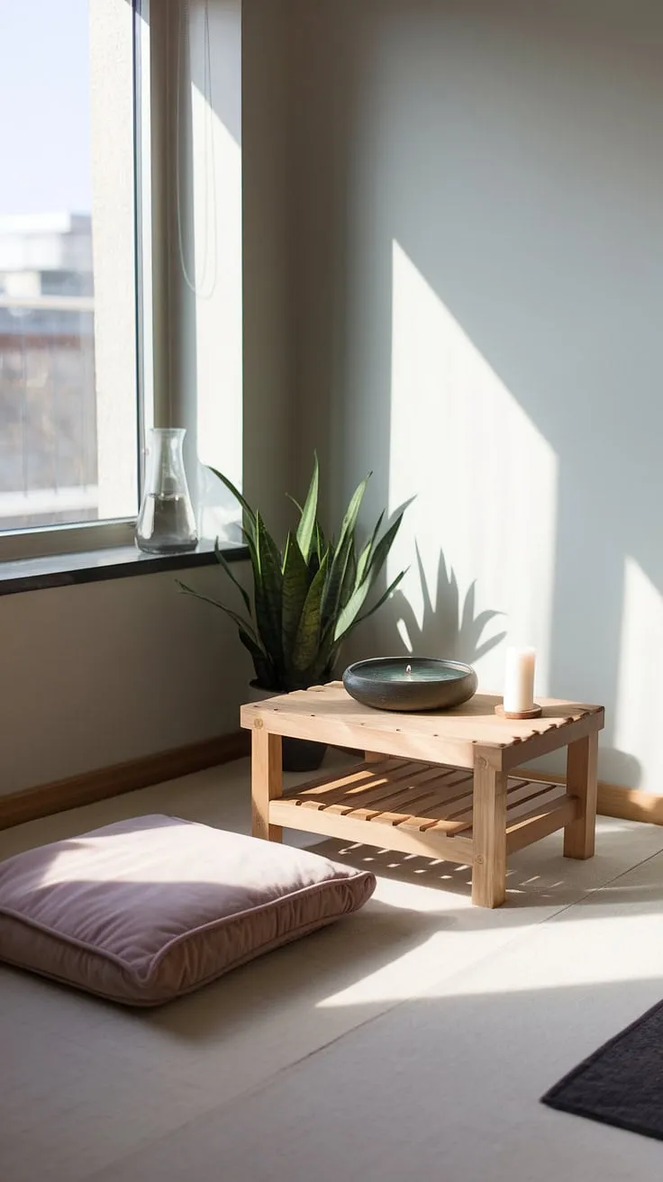 Bathed in natural light, this zen apartment is a testament to mindful living. A plush cushion invites relaxation, while the simple elegance of the wooden stand, water bowl, and candle create a calming atmosphere. A small plant adds a touch of nature's serenity to this perfectly composed space. A true escape.