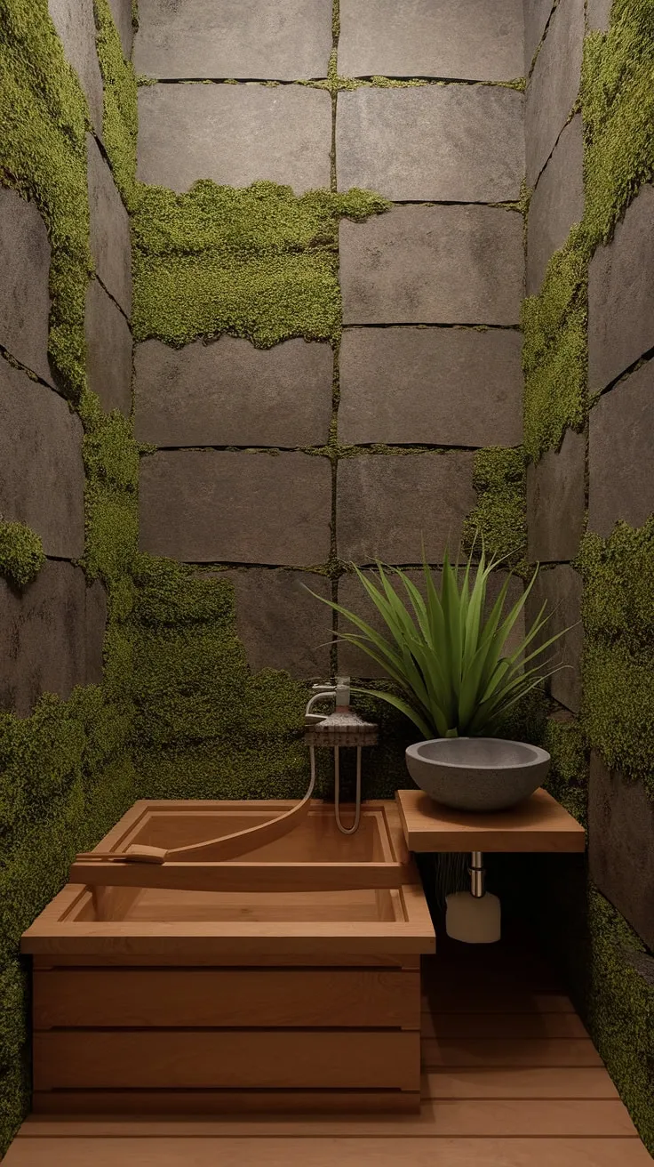 Indulge in the serenity of this nature-inspired bathroom. The rustic charm of the wooden bathtub and stone walls, complemented by the lush greenery, creates a truly restorative space. Find your inner calm in this haven of tranquility.